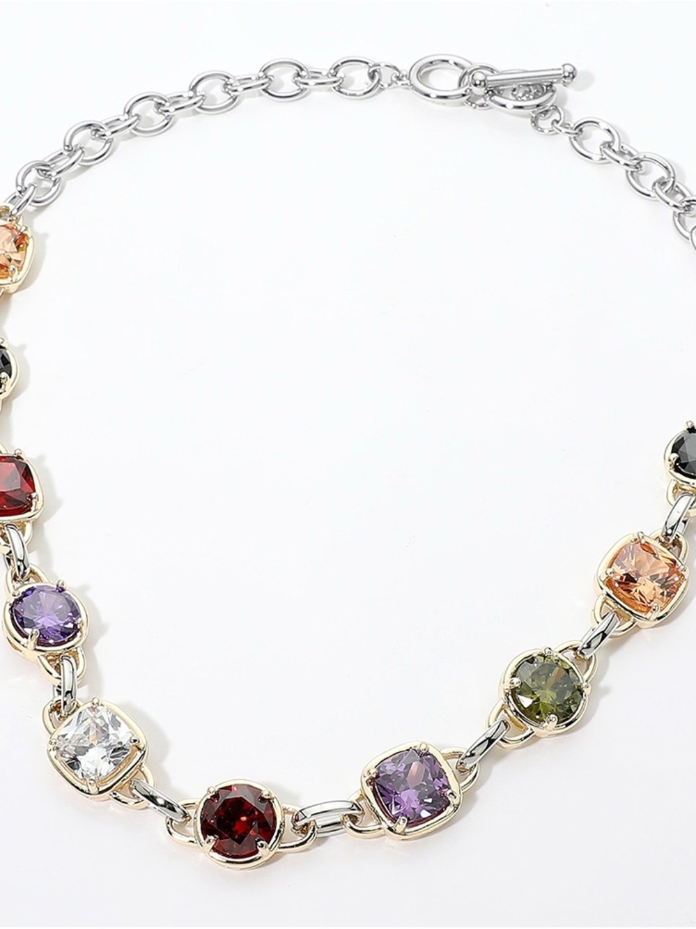 Multicolor Cushion-Cut Crystal Link 14K Gold Plated Necklace - Women Jewelry